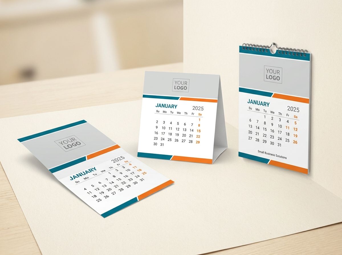 Range of branded promotional calendars: wall, desk, and DL mailer formats